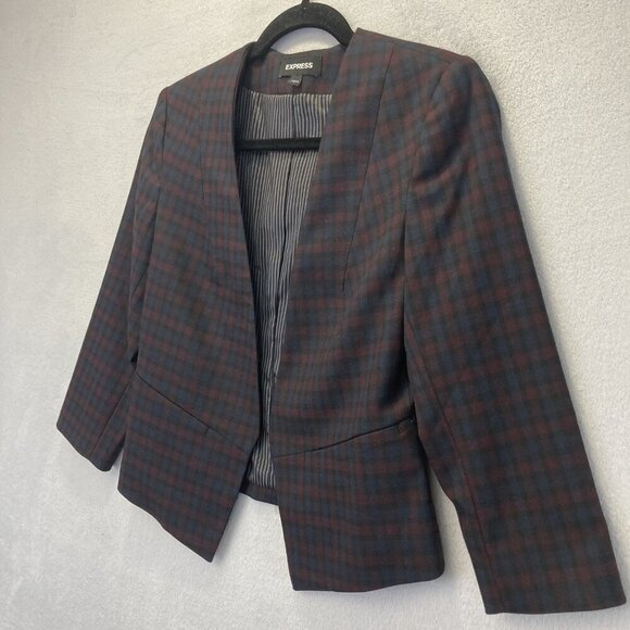 Express Open Front Blazer Womens 4 Plaid Stretch Preppy Jacket Dark Academia - Picture 7 of 10